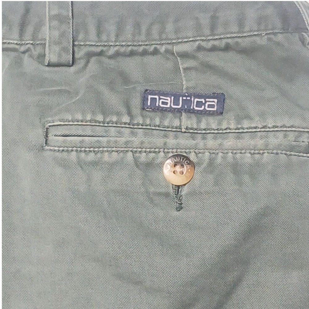 Nautica Chino Shorts Mens 34 Green Pleated Front Cotton Twill Casual Walking - Picture 7 of 8